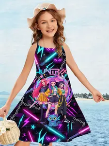 Girls Kpop Korean Summer Strap Dress, Cyber Neon Light Saber Sleeveless Dress, Cute Pet Character 3D Creative Print Dress, Korean Influence, Neon Saber Design