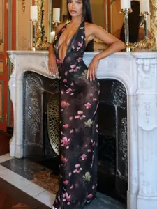 Sexy Sheer Mesh Embroidered Halter Dress, Summer New Slimming Fit Split Long Dress, American Style Pure Desire Fashion