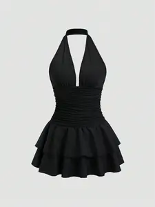 Women's Black Halter Backless Ruffled Mini Dress – Deep V Neckline, Ruched Bodice, Tiered Ruffle Hem, Soft Knitted Fabric, Slim Fit, Perfect for Parties & Evening Events