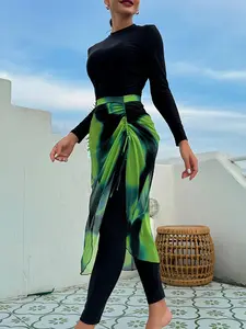 Women's Islamic Swimwear Three-Piece Set, Swimsuit Style, High Stretch Solid Color Long Sleeve Mock Neck Swim Top & Skinny Pants & Tie Dye Print Drawstring Front Cover Up Skirt for Beach Vacation