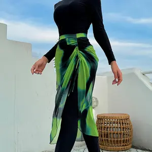 Women's Islamic Swimwear Three-Piece Set, Swimsuit Style, High Stretch Solid Color Long Sleeve Mock Neck Swim Top & Skinny Pants & Tie Dye Print Drawstring Front Cover Up Skirt for Beach Vacation