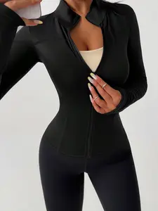Women's High Stretch Sporty Yoga Jacket with Thumb Holes, Fashionable Running Gym Wear, Zipper Outerwear for All Seasons