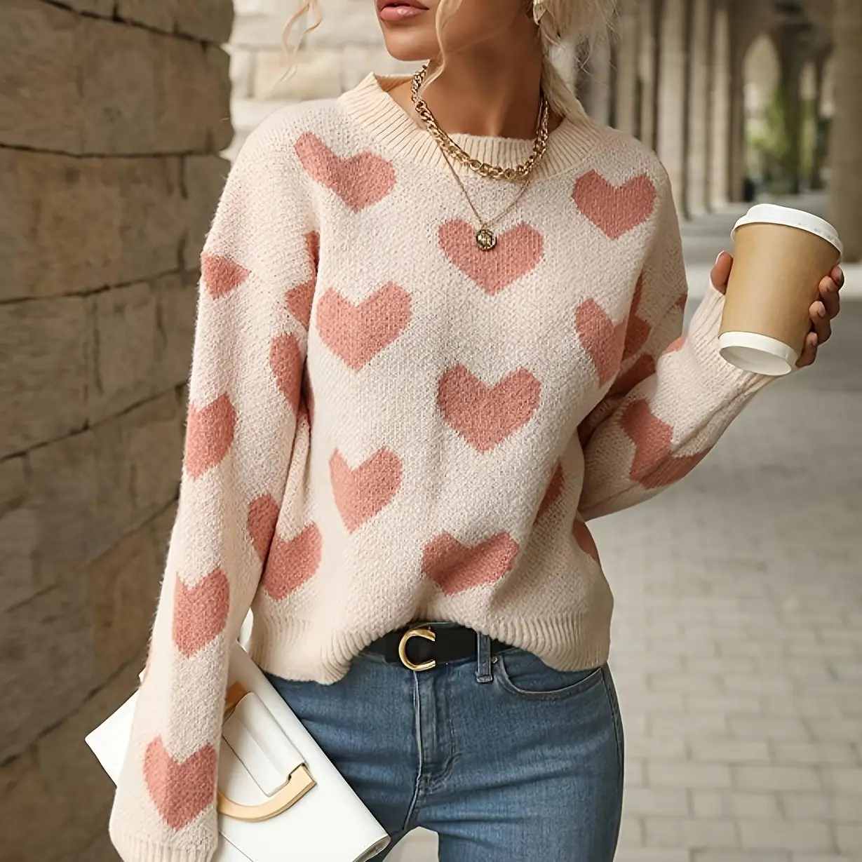 Women's Pullover Sweater with a Cute Heart Knit Pattern, Casual Long Sleeve Crew Neck Top for Fall and Valentine's Day, Jeans, Knitwear, Everyday, Tops, Valentines Day campingessentials, Heart Print, Fit, Longsleeves, Cute Crew, Comfortable, Lady, Cold Wa