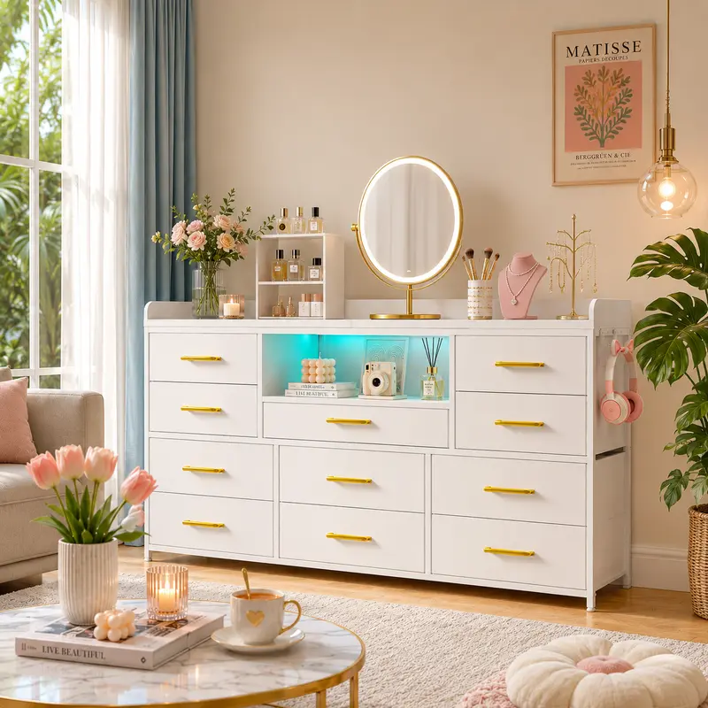 Raybee 11 Drawers Dresser for Bedroom 31'' Height,Sturdy TV Stand with LED & power outlets & 4 hooks Drawerorganizer,Chest of Drawers,Storage Bin Cabinet Furniture