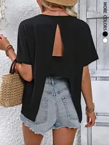 Women's Solid Color Round Neck Short Sleeve Casual Streetwear Loose Fit T-Shirt With Back Slit，Stylish Casual Top, Comfortable Daily Wear, Trendy Fashion Essential, Perfect for Summer