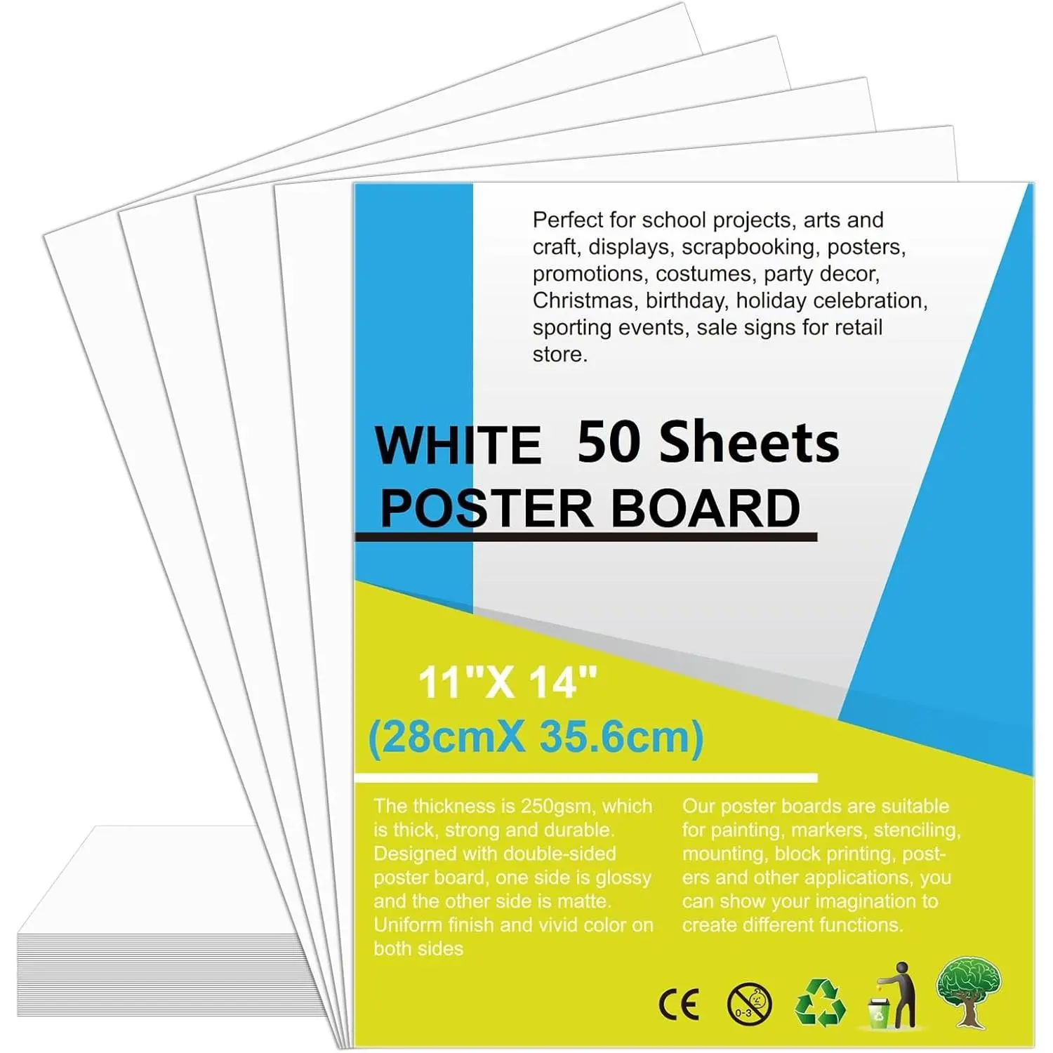 50 count 11" x 14" Poster Board White Small Poster Board Bulk,  250Gsm Thickness Vision Boards  Poster Paper for School Arts Craft Projects Presentations Drawing Scrapbooking Graphic Display