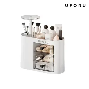 UFORU Makeup Organizer with Drawers for Vanity, 4 Slot Brush Holder with One Touch Open,Spacious Cosmetic Storage for Dresser Vanity and Bathroom Countertop, Beauty Holder for Lipstick Skincare makeuporganizer jewelry organizer WhiteBoxes