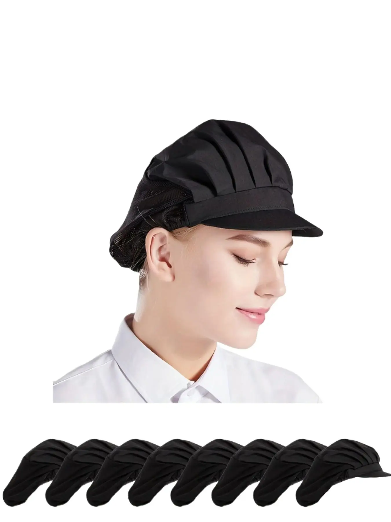 8-Piece Adjustable Chef Hat Set with Hair Net, Breathable Polyester, Elastic Fit, Hand Wash Only, Ideal for Kitchen and Food Service Professionals