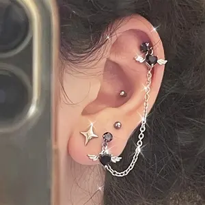 Stainless Steel Heart Angel Wings Stud Earrings - 1PC Double Ear Piercing Cartilage Tragus Helix Bar Chain