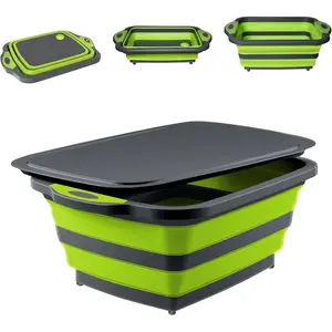 Collapsible BBQ Prep Tub with Lid, 3-IN-1 Foldable Camping Sink Tub with Colander, BPA-Free Storage Blanket, Food Grade Portable Cutting Board for Picnic BBQ Traveling, Kitchen