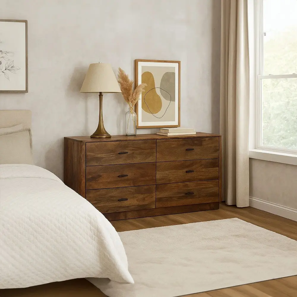 Tao 6 Drawers Dresser, Mango Wood, Walnut Finish, 60" By The Urban Port