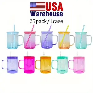 25Pack Colorful 15Oz Jelly Glass Mugs with Handle, Blank Sublimation Clear Transparent High Borosilicate Colored Glass Camper Coffee Mugs with Colored Plastic Pp Lids and Straws, Insulated and Refrigerated Beverage Container, Festive gifts