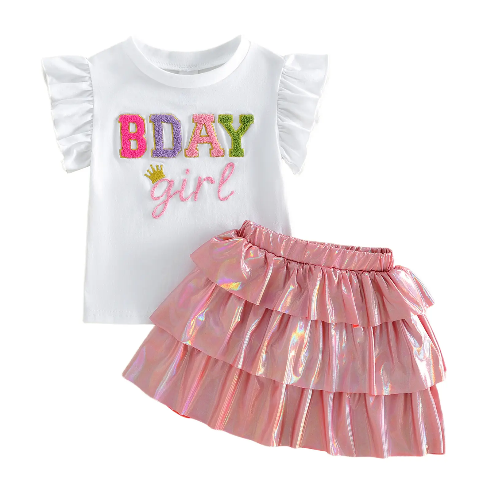 Toddler Kids Birthday Girl Two Piece Outfit Baby Short Sleeve T Shirt Tops Layered Ruffle Skirt Princess Party Summer Dresses