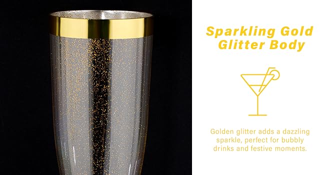 25 Pack 4.5 oz 6.5 oz Plastic Gold Glitter Champagne Flutes with Gold Rim, Disposable Champagne Toasting Glasses for Wedding, Engagement, Party, Mimosa Bar