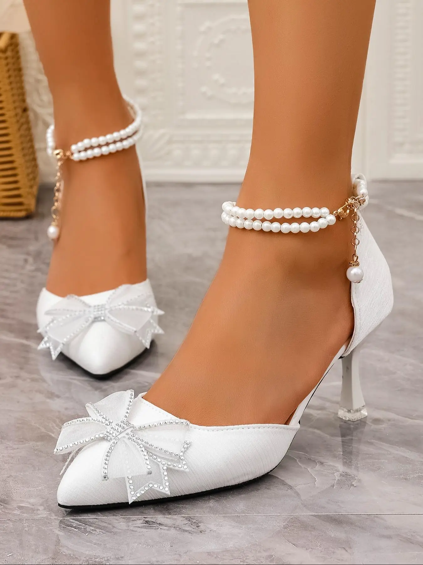 Women's Pearl Anklet Decorated High Heels, Bow Pointed Toe Wedding Sandals, Bowknot Design Sandals, Elegant Formal Party Shoes, PU Leather, Rubber Sole