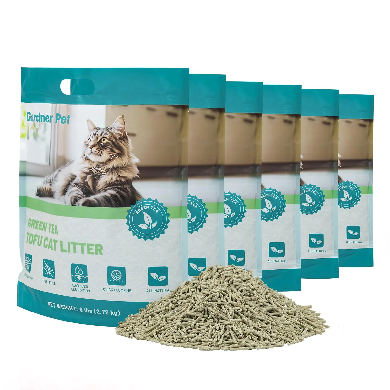 Gardner Pet Natural Tofu Cat Litter with Green Tea Extract – [2026 Upgraded]36LBS Fast Absorbing & Strong Clumping, Low Dust, Odor Control Cat Litter for Easy Scooping, Multi-Cat Homes, 6lbs x 6 Pack