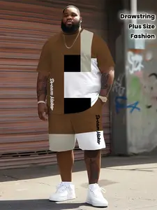Men's Fashion Patchwork Cool Signature Print Casual Classic Short Sleeve Round Neck Pattern T-Shirt and Drawstring Shorts Set, Large Size Outfit Menswear