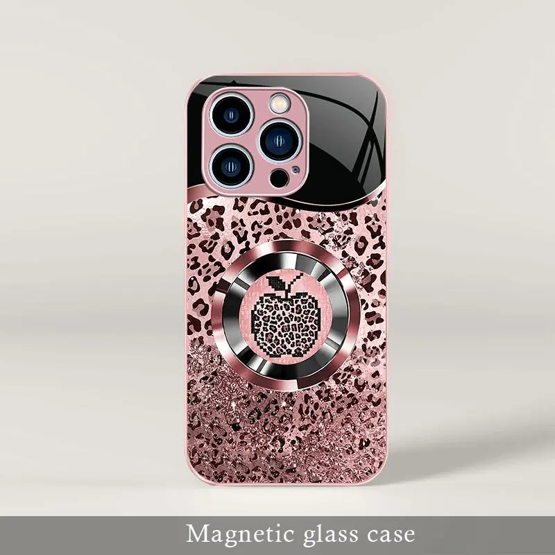 Trending “Affordable Luxury” Pink Glitter Mermaid Scale & Leopard Print MagSafe Glass Case for iPhone 14 Pro Max — 9435