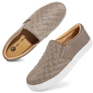 SHOESLOCKER Womens Quilted Slip On Sneakers | Vegan Faux Leather Comfort Walking Shoes | Non Slip TPR Sole Casual Sneakers for Women