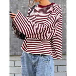 Women's Casual Loose-Fit Striped Long Sleeve Oversized Top, Trendy Street Style Round Neck Pullover