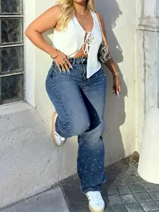 Plus Size Rhinestone Decorated Fashion Wide Leg Jeans High Elastic Washed High Waist Long Pants for Women Casual All Season Wear