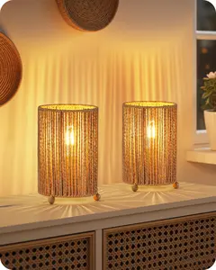 Small Rattan Table Lamps Set of 2, Boho Bedside Lamps Set of 2, Handwoven Paper Lampshade, 4W 2400K LED Bulb Included, Boho Desk Lamp, Nightstand Lamp for Bedroom, Living Room