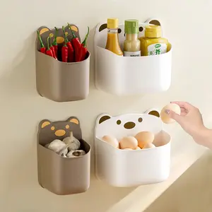 Bear Shaped Wall Mount Storage Box No Drill Kitchen Organizer For Garlic Onion Ginger Hanging Storage Basket Spice Bottle Holder Wall Mounted Kitchen Storage Containers Punch Free Home Organization Accessories For Kitchen