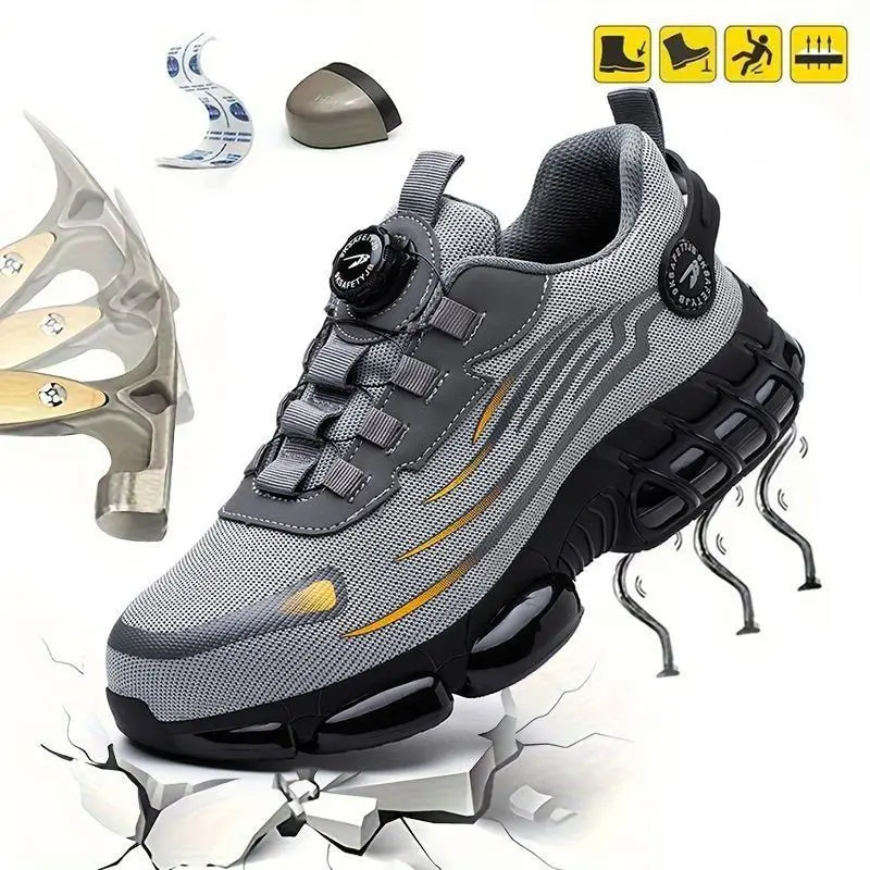 Men's Grey Closed Steel Toe Walking Shoes for Workers - Puncture-Proof, Smash-Proof, Magnetic Closure, Breathable Mesh, Non-Slip Sole, Striped Pattern Outdoor Protection Work & Safety Footwear