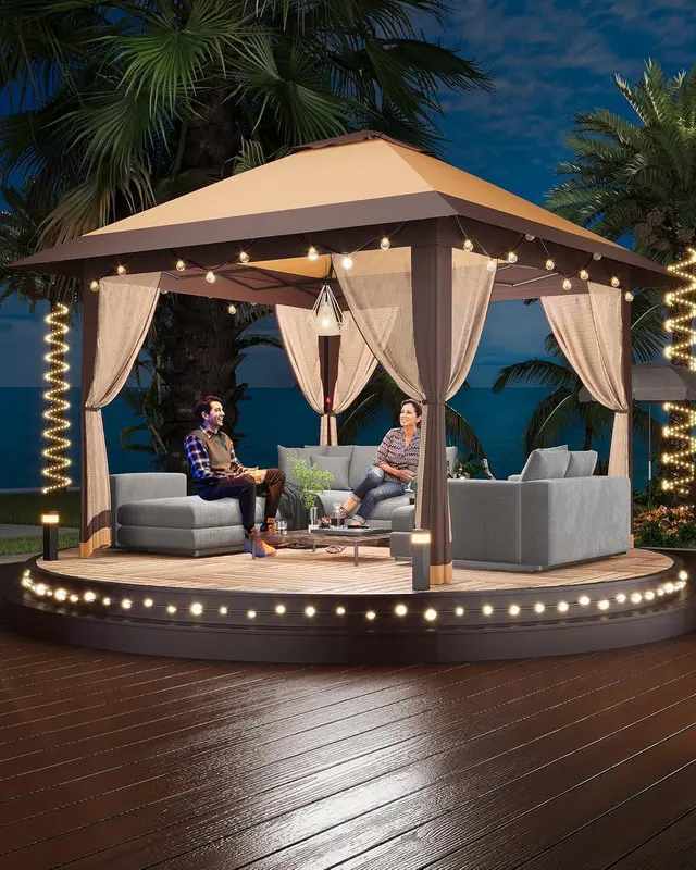 【Christmas Gift】13x13ft Square Pop Up Gazebo, Heavy Duty Canopy with Fine Mesh Mosquito Net & Double Roof, Adjustable Height UV-Resistant Outdoor Shelter with Excellent Airflow, Blocks 99% of Insects for Backyard Garden