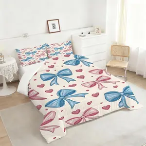 2/3Pcs Pastel Bow Print Comforter Set, Charming Quilted Bedding Set with Soft Pink and Blue Accents, Perfect for Cozy Bedrooms and Playful Decor for Girls and Teens, Adds Whimsy to Any Space!, 1 or 2 Pillowcase No Pillow Core