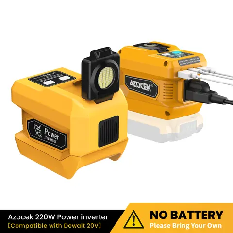【No Battery】Azocek 220W Power Inverter 2-Pack for DeWalt 20V Battery | DC to AC Portable Generator | 1 AC, 2 USB QC, 1 Type-C for Laptop & Phone Fast Charging | 400LM LED Work Light | Camping / Outdoor / Emergency Power