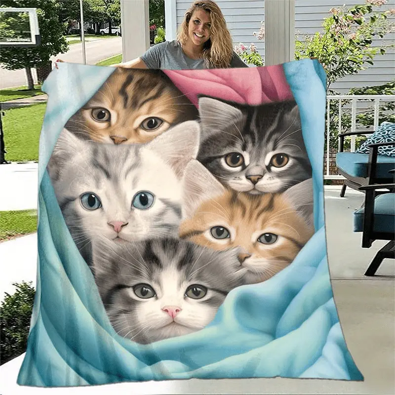 1pc Cozy Warm Kitten Lightweight Flannel Throw Blanket - Soft, Thin, Perfect for Sofa, Bed, Travel, Camping, Living Room, Office, Couch, Chair, and Bed
