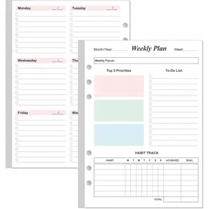 Undated Colorful Weekly Planner Refills for A5 Binders - 6-Hole Punched, 53 Sheets/106 Pages, 100 gsm White Paper, 5.8" x 8.3", Lasts 1 Year