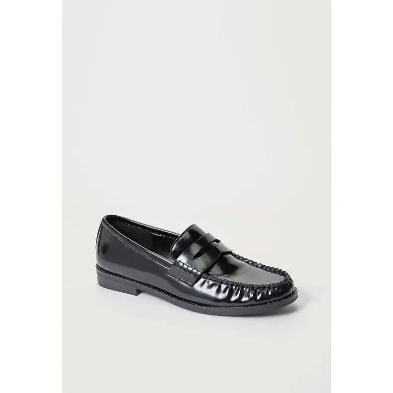 JUSTFAB Women's Chic Eco Leather Loafers - Low Heel Flats, Formal Casual Flats, 1-in Heel, Round Toe Slip-On Footwear, Affordable Shoes for Women, Black Slip-On Shoes for Office & Daily Commuting