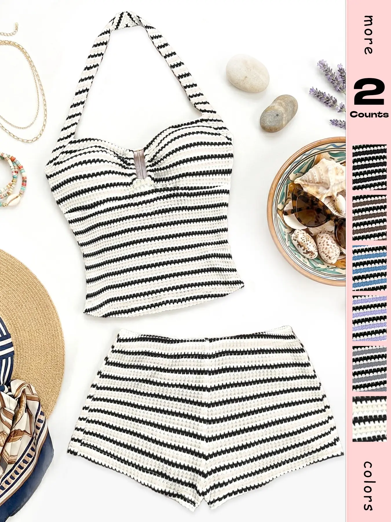 Women's Summer Two-Piece Set Lightweight Striped Halter Neck Sleeveless Top Mini Shorts, Shorts Matching Set, Chic Casual Beach Vacation Wear, Stylish Ladies' Clothing, Womenswear