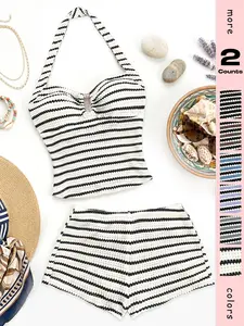 Women's Summer Two-Piece Set Striped Halter Top Mini Shorts, Casual Beach Vacation Wear, Stylish Ladies' Clothing