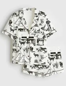 Wild West Adventure Western Cowgirl Satin Pajama Set, Sleepwear Satin Pajama Cowgirl Wild West, Nightwear Gift