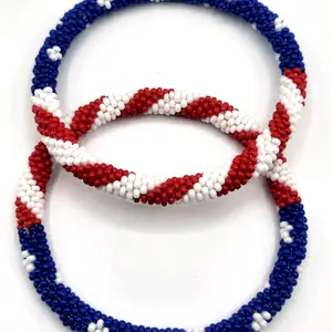 Set of 2 American Flag Style Stacked Bracelets Nepal Glass Bead Bracelet Seed Bead Bracelet Crochet Beaded Bracelets Yoga Boho Hippie Style Bracelet crystal beadbracelets elegant all-match