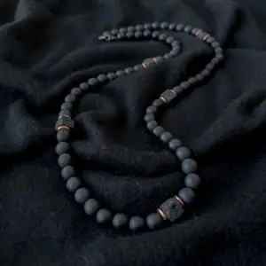 Onyx and Cubed Lava 24” Beaded Necklace