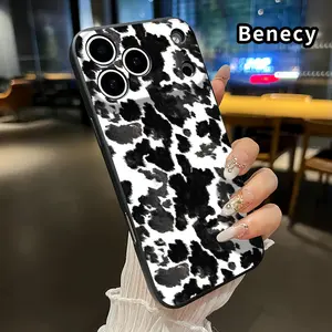 Fashion Black And White Cow Print Pattern Straight Edge Phone Case for iPhone 17 15 16 14 Pro Max 13 12 11 XR XS Plus Air E Shockproof Drop Protection Rugged Durable Liquid Silicone Cover Cellphone Protective