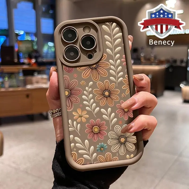Vintage Boho Daisy Floral Phone Case for iPhone 17 16 15 14 13 12 11 XR XS Pro Max Plus Air 16e Retro Wildflower Pattern Shockproof Anti Drop Full Camera Protection Slim Durable Soft TPU Silicone Cover Flower Lover Gift