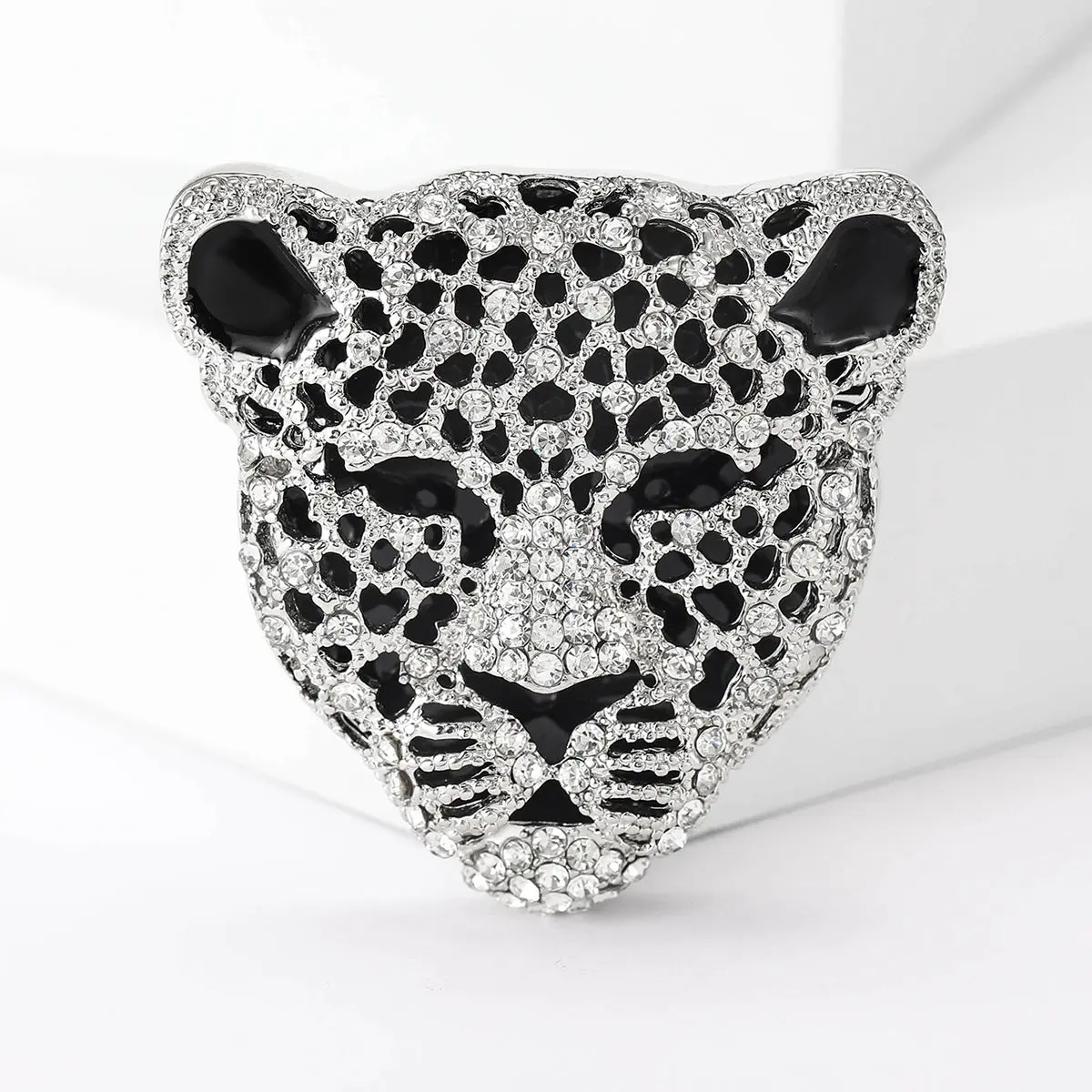 Silver Leopard Face Brass Brooch Pin Jewelry with Crystals and Gun Metal Plating