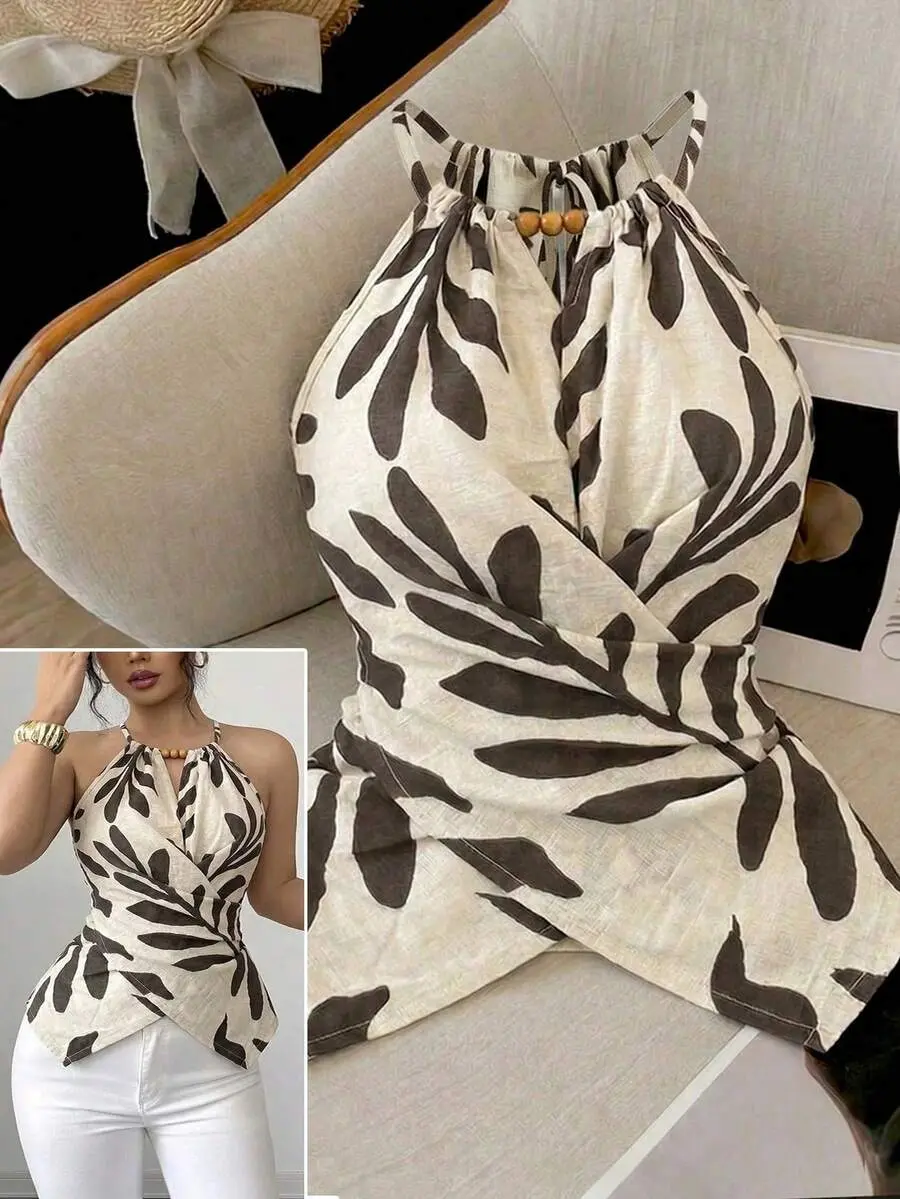 Women's Elegant Leaf Print Halter Neck Tank Top,Beige Summer Boho Vacation Holiday Sleeveless Bow Tie Wood Bead Asymmetric Hem Criss-Cross Slim Top