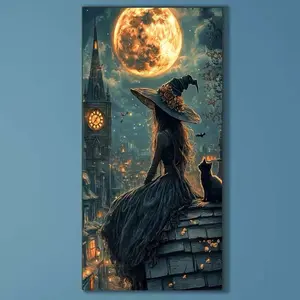 5D DIY Full Drill Round Diamond Painting - Diamond Art Kit Witch Night Scene Mosaic, Canvas - DIY Wall Decoration, Home Wall Decor, Perfect for Halloween and Christmas, Independence Day, Birthday and Anniversary Gifts