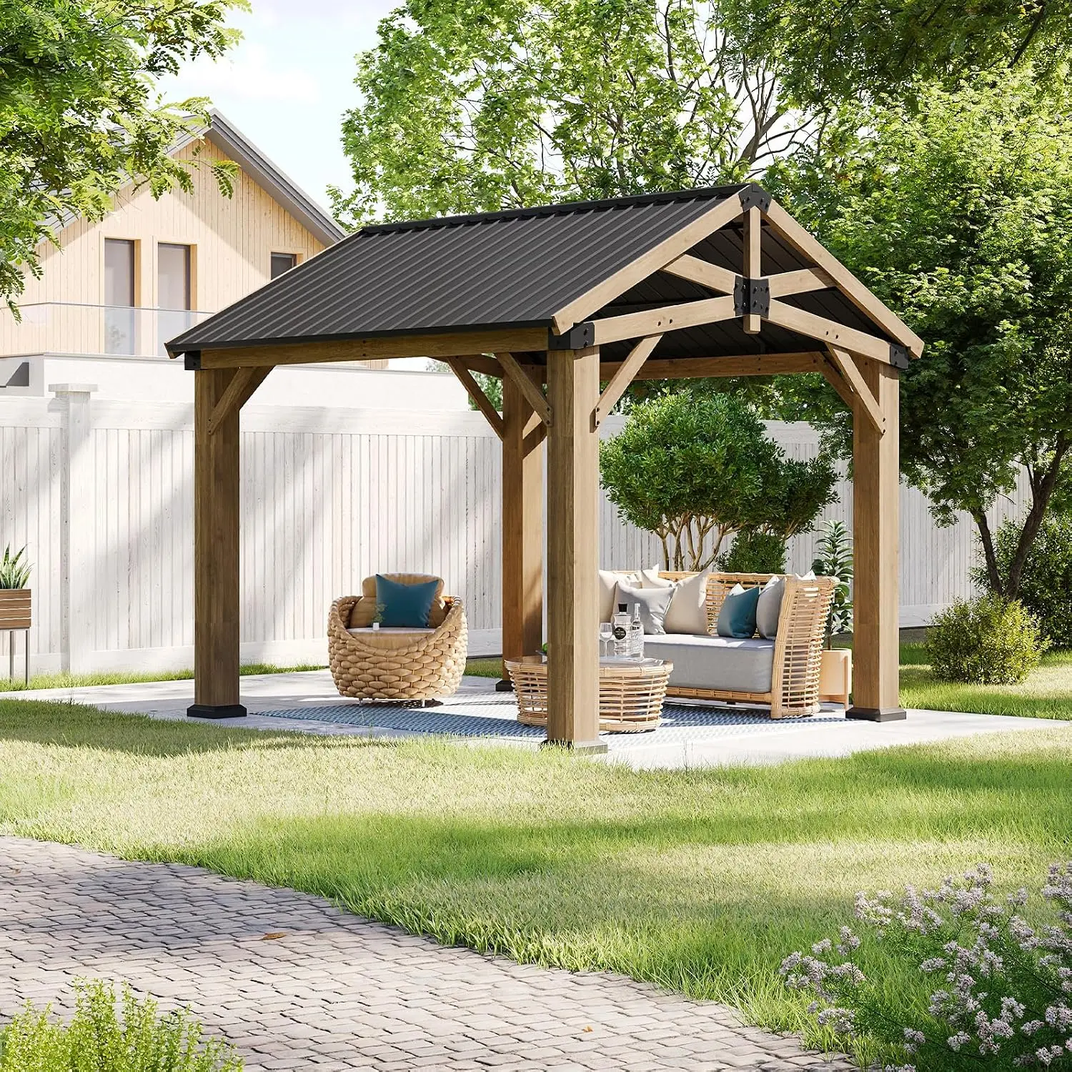 Aoxun Outdoor Cedar Wood Gazebo, HardtopGazebo Permanent Wooden Pavilion with Galvanized SteelGable Roof, for Deck, Garden, Patio, Garden