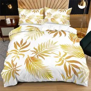 Golden palm leaf patterned duvet cover, suitable for young adults as a bedroom decoration gift, including 1 duvet cover and 1 or 2 pillowcases without a core and pillow