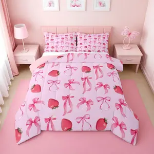 Strawberry Bow Comforter Set for Girls | Pink Bow Sweet Strawberry Bedding Set,for Kids Women,Cute Pink Ribbon Bows Bed Set,Kawaii Bowtie Room Decor
