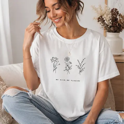 Women's 100% Cotton Oversized Short-Sleeve Round-Neck T-Shirt - No Rain No Flowers Wildflower Printed Soft Fit Boho Botanical Line Art Top, Plant Lover Gift, Viral Graphic Tee