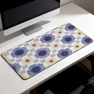 Premium Blue And White Daisy Floral Checkered Pattern High Quality Mouse Pad Modern Office Gaming Comfort Experience Non Slip Durable For Daily Work And Play 40*80 Size.