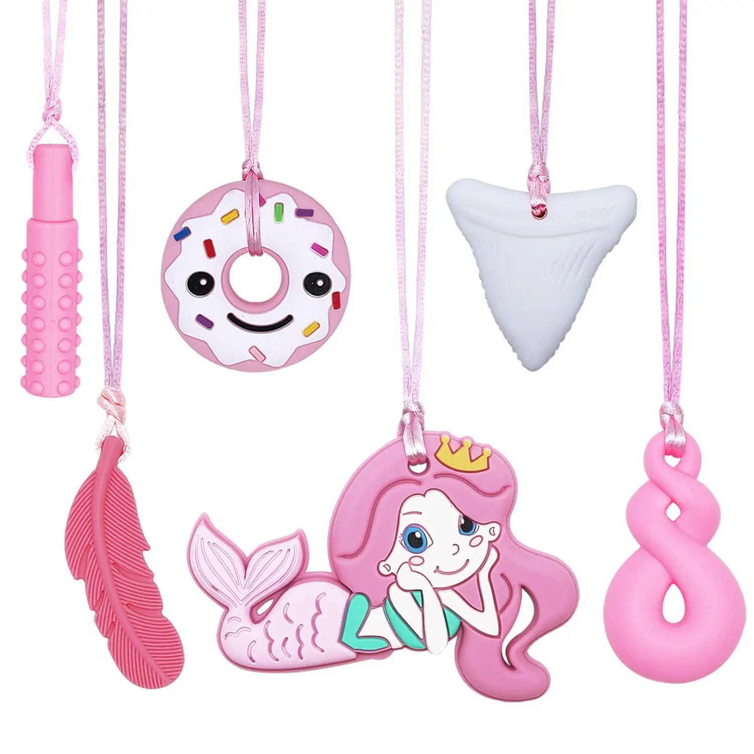 BY-FAN9 Chew Necklaces for Sensory Kids Adults, 6 Pack Silicone Sensory Chew Necklace for Autistic Children with ADHD/SPD/Autism/Anxiety, Pink Chewy Necklace Stim Toy for Teething Chewing Biting Fidgeting